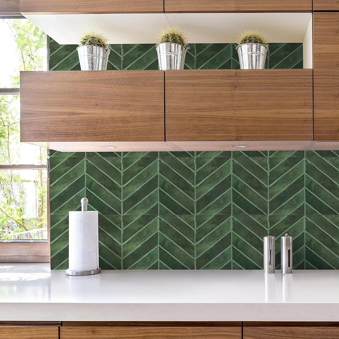 STICKGOO Herringbone Peel and Stick Backsplash, Green, 10 Sheets | 12.6 x 9.7 in, Thicker Rectangular Vinyl Stick-On Wall Tiles, Easy Alignment, Waterproof, Easy to Clean, Kitchen/Bathroom