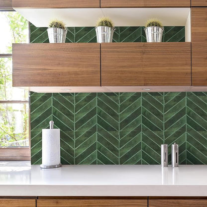 STICKGOO Herringbone Peel and Stick Backsplash, Green, 10 Sheets | 12.6 x 9.7 in, Thicker Rectangular Vinyl Stick-On Wall Tiles, Easy Alignment, Waterproof, Easy to Clean, Kitchen/Bathroom