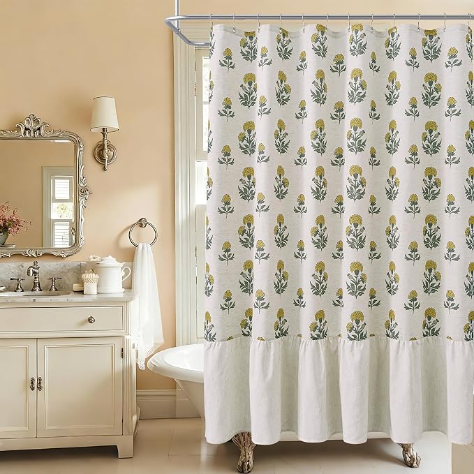 ORTIGIA Linen Textured Ruffle Shower Curtain with Metal Hooks, Vintage Yellow Floral Block Print Boho Waterproof Bath Curtain for Rustic Farmhouse Bathroom Decor 72x72 Inch