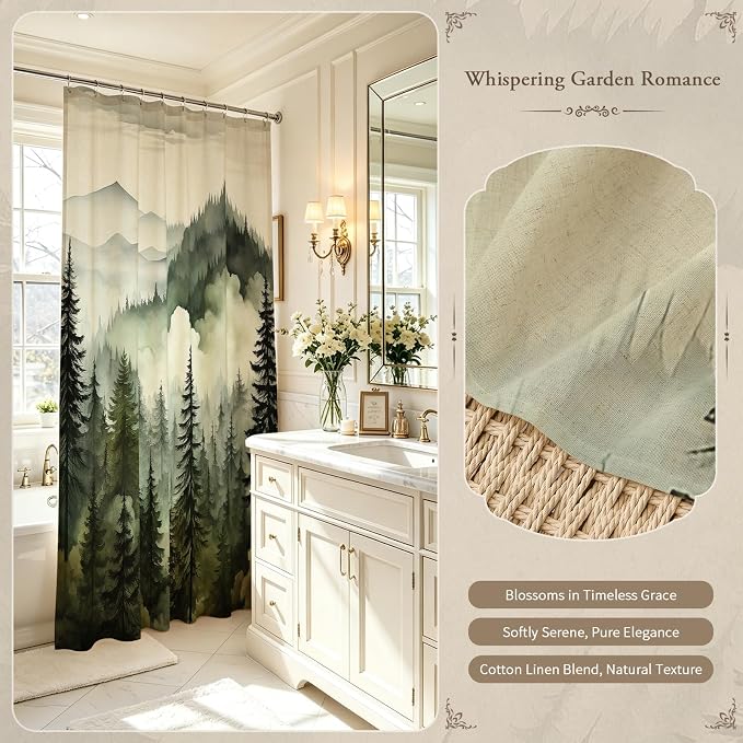 Litabel Dark Green Extra Long Linen Misty Pine Forest Shower Curtain 72 x 84, XL Mountain Foggy Woodland Cotton Shower Curtains for Bathroom, Abstract Waterproof Nature-Themed Decor