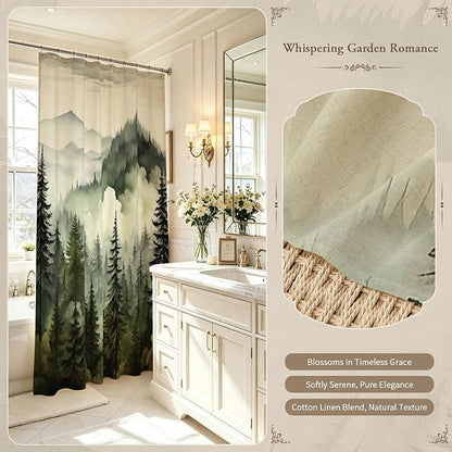Litabel Dark Green Extra Long Linen Misty Pine Forest Shower Curtain 72 x 84, XL Mountain Foggy Woodland Cotton Shower Curtains for Bathroom, Abstract Waterproof Nature-Themed Decor