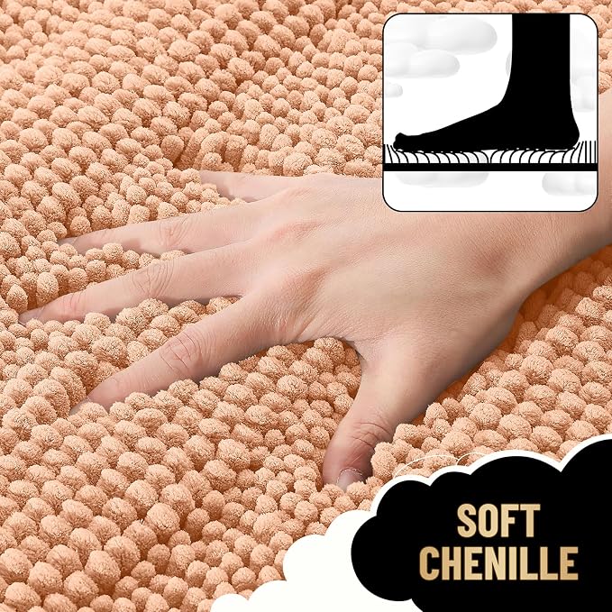 OLANLY Thick Bathroom Rugs 30x20, Soft Chenille Striped Bath Rugs, Peach | Rubber Backing, Machine Wash, Extra Absorbent Bath Mats for Bathroom Floor, Tub and Shower, Home Decor Accessories