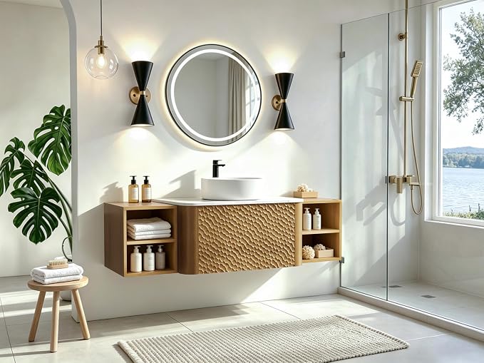 54 Inch Modern Bathroom Vanity with Ceramic Sink, Floating Bathroom Sink Cabinet with Sintered Stone Top&Solid Wood Hammered Frame, Single Bathroom Vanities w/Soft-Close Drawer&2 Side Open Cube