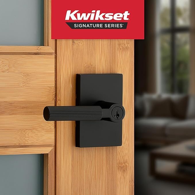 Kwikset Mirada Reeded Entry Door Handle with Lock and Key, Secure Keyed Reversible Lever Exterior, Door Lock for Front Door, Matte Black, Pick Resistant SmartKey Security and Microban