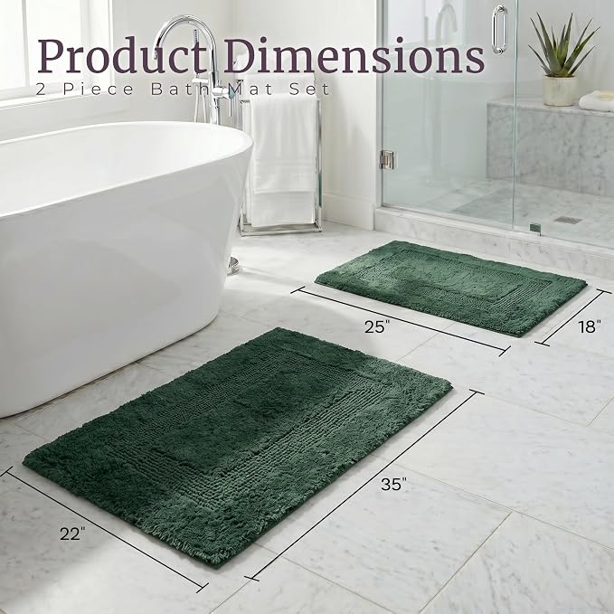 Bathroom Rugs - 2-Piece Cotton Bathroom Mat Set - Machine Washable Bath Mats for Bathroom, Kitchen, or Laundry Room by Lavish Home (Green)