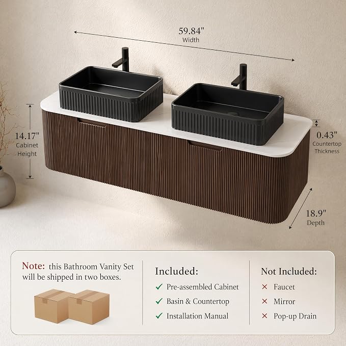 60 Inch Double Sink Bathroom Vanity, Floating Wall Mounted Cabinet, Dark Walnut Curved Fluted Front, Stone Top, Dual Black Textured Rectangular Vessel Basins, Pre-Assembled