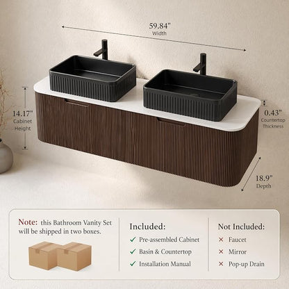 60 Inch Double Sink Bathroom Vanity, Floating Wall Mounted Cabinet, Dark Walnut Curved Fluted Front, Stone Top, Dual Black Textured Rectangular Vessel Basins, Pre-Assembled