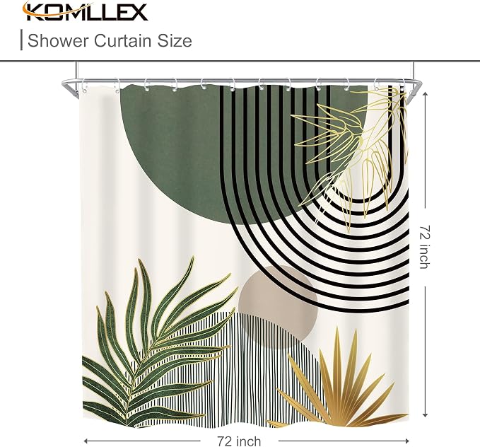 Mid Century Dark Green Boho Abstract Modern Bathroom Shower Curtain Set | 72Wx72L S Gold design, waterproof HD print with fast-drying fabric and 12 hooks.