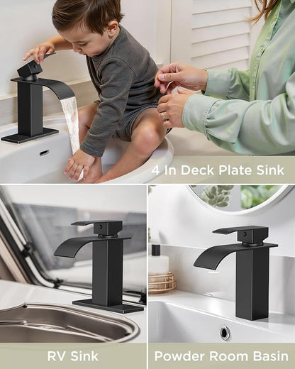 FORIOUS Bathroom Faucet 1 Hole, Waterfall Vanity Sink Faucet Matte Black | Bathroom Sink Faucet 1 or 3 Hole, Square Single Handle with 24" cUPC Supply Line and Pop-up Drain, Fits RV Restroom Basin