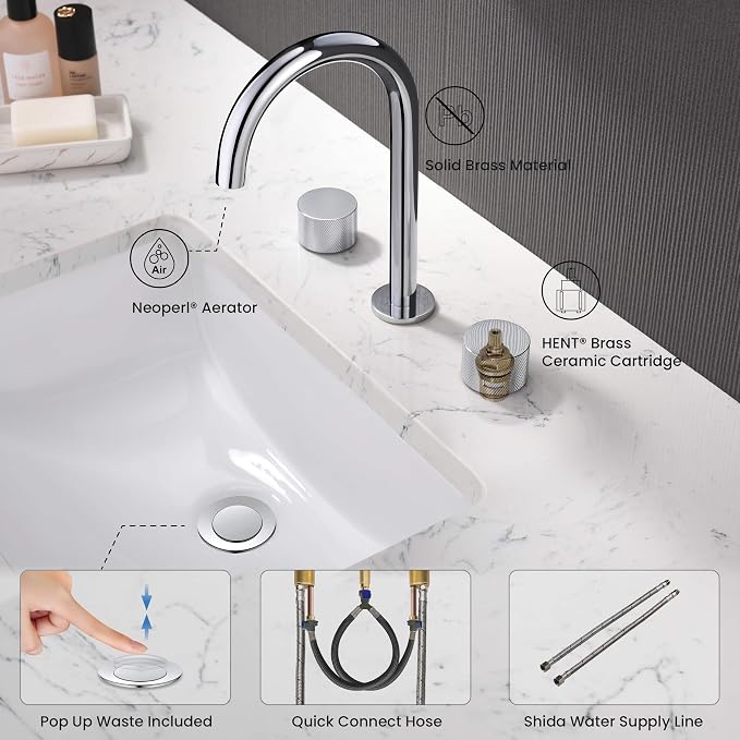 8-Inch Widespread Bathroom Sink Faucet with Drain Assembly, Solid Brass 2-Handle 3-Hole Vanity Faucet, Chrome Finish, Corrosion Resistant Bathroom Faucet