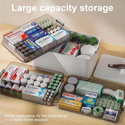 Spreezy 4-Tier Medicine Storage Box for First Aid, Craft, Art, Sewing | Portable Cabinet with Leather Handle, Lid & Clasp, Large Capacity Multifunctional Storage Box, for Home, Dorm/ Office