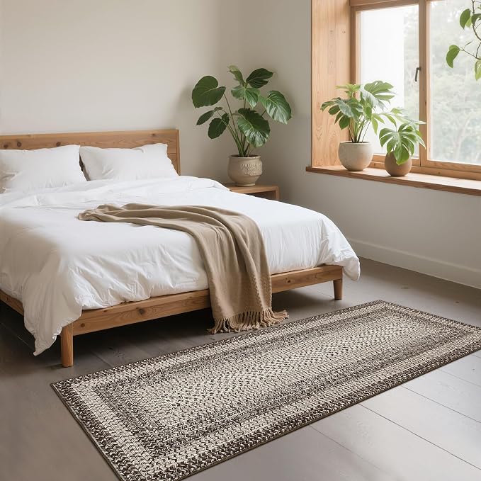 Imitation Braided Collection-Print Hallway Runner Rug 2x6 Non Slip Washable Area Rug, Soft Low Pile Farmhouse Rustic Carpet Foldable Indoor Mat for Laundry Room, Kitchen, Bedroom - Mocha