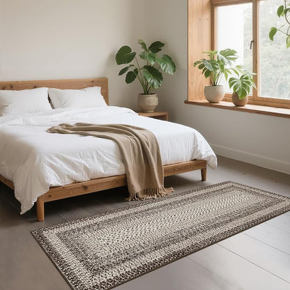 Imitation Braided Collection-Print Hallway Runner Rug 2x6 Non Slip Washable Area Rug, Soft Low Pile Farmhouse Rustic Carpet Foldable Indoor Mat for Laundry Room, Kitchen, Bedroom - Mocha