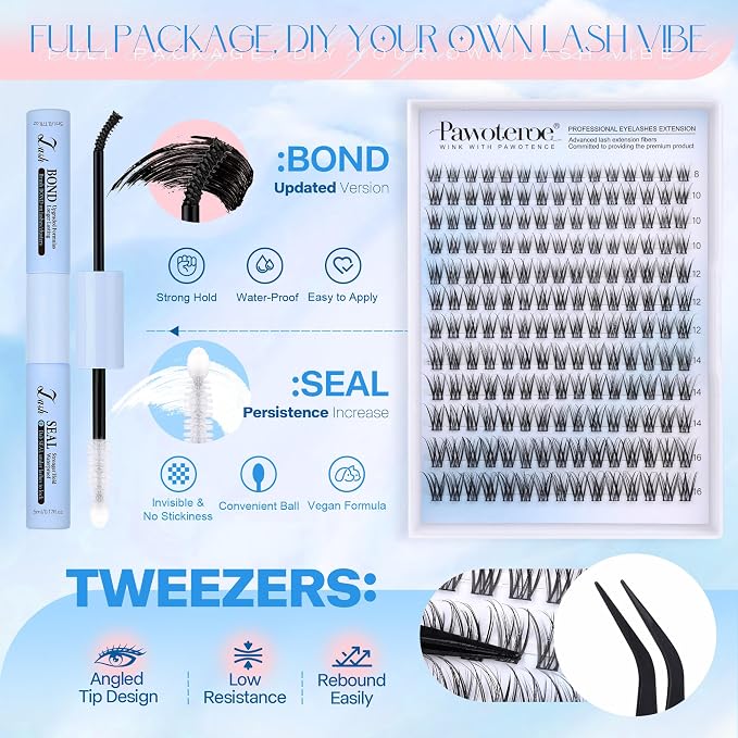 Lash Clusters Kit Wispy Lash Extension Kit Natural 180pcs Cluster Eyelash Extensions Kit Individual Lashes 8-16mm Eyelash Clusters Kit with Lash Cluster Bond Seal and Lash Tweezers