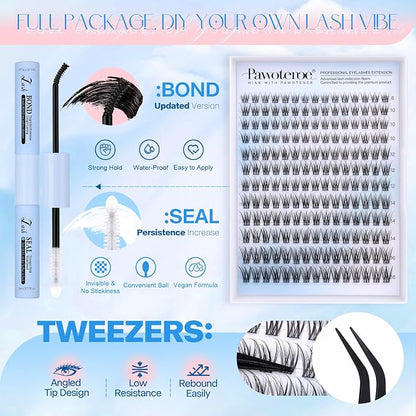 Lash Clusters Kit Wispy Lash Extension Kit Natural 180pcs Cluster Eyelash Extensions Kit Individual Lashes 8-16mm Eyelash Clusters Kit with Lash Cluster Bond Seal and Lash Tweezers