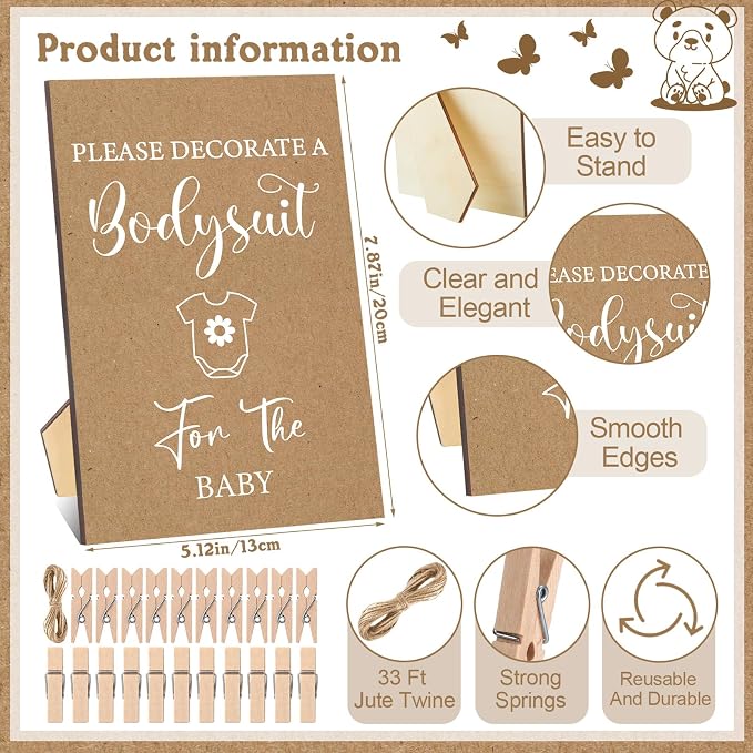 Panitay 126 Pcs Baby Shower DIY Bodysuit Set Bib 25 Blank White Newborn Bodysuit 25 Stencils 24 Marker 1 Sign 50 Pins(Kraft)