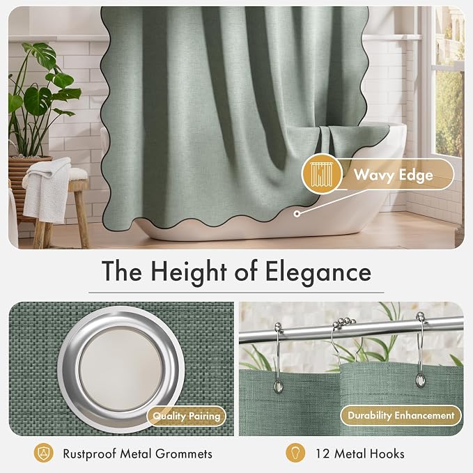 Bathway Modern Scalloped Shower Curtain, Linen Textured Green Shower Curtain Set with 12 Metal Hooks, Neutral Cute Elegant Shower Curtain with Black Border for Bathroom, 72x72 Inches