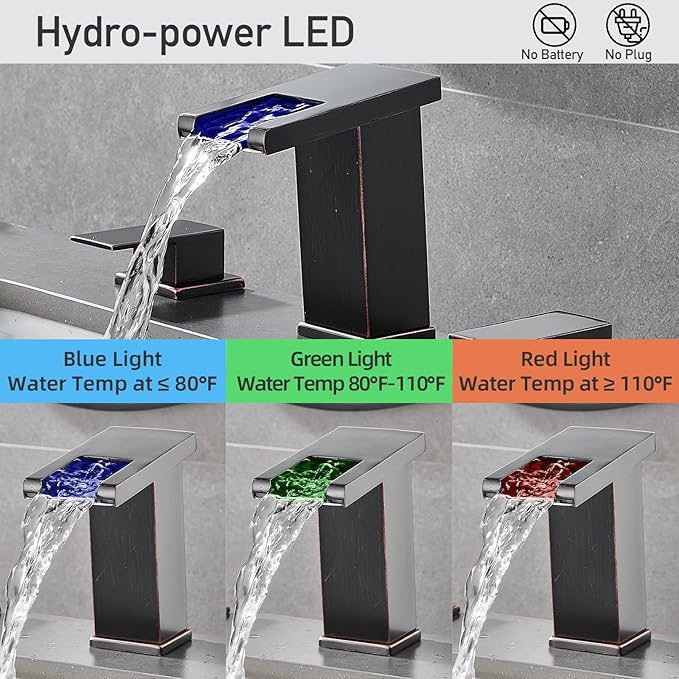 LED Bathroom Faucet 3 Hole, Oil Rubbed Bronze Waterfall Bathroom Faucets, 8 Inch Widespread Modern Bathroom Sink Faucet & Parts, Wide Spread Touch On Three Hole 2 Handle Bathroom Vanity Faucet