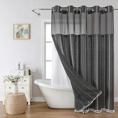eachope Extra Long No Hook Shower Curtain and Liner Set,71x86,Charcoal Grey | 330GSM Thick Linen Textured Striped Fabric with Tassels,Snap-in Liner,Boho Modern Farmhouse Bathroom Curtain,Water-Repellent