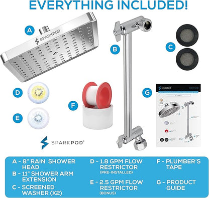 SparkPod 8" Square Rain Shower Head with 11" Shower Arm | Shower Head & Extension Arm Combo, Height Adjustable, High Pressure Performance, Easy 1-Minute Installation, Polished Chrome