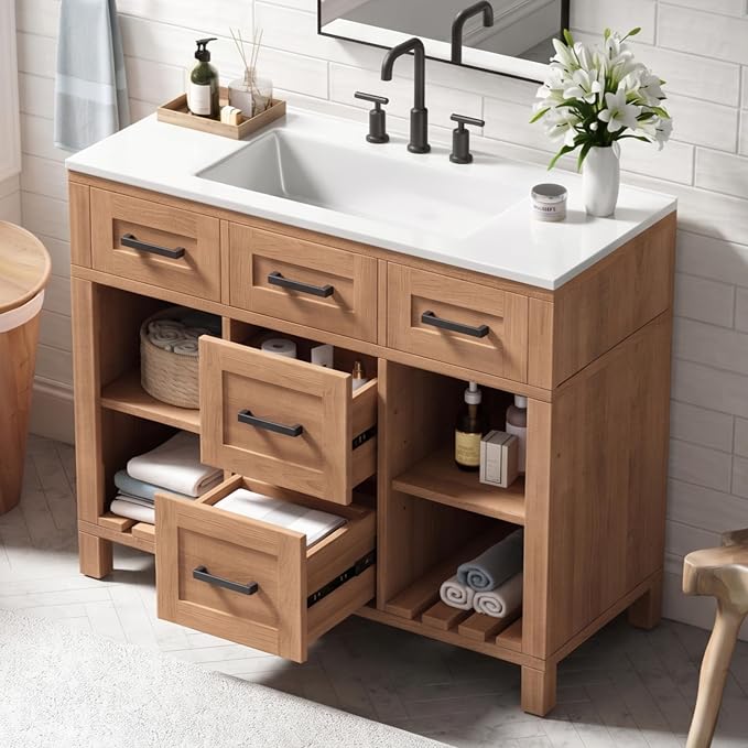 36" Mid-Century Bathroom Vanity with SMC Sink (Natural Wood Style2, 36") | Ample Storage Space with 2 Drawers, Adjustable Shelves & Open Breathable Hollow Shelf, Smooth Drawer Slides