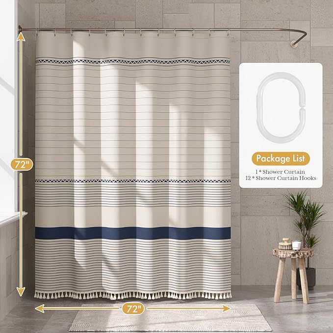 AmazerBath Boho Shower Curtain, Modern Farmhouse Shower Curtain Set with Tassels, Rustic Faux Linen Navy Blue Striped Shower Curtain with Hooks, Light Tan Toned, 72x72 Inches