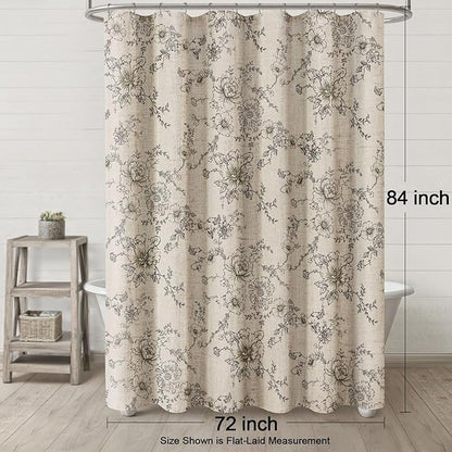 Farmhouse Floral Linen Shower Curtain, Vintage Black Pattern Rustic Shower Curtains for Bathroom, Tan Taupe,72x84