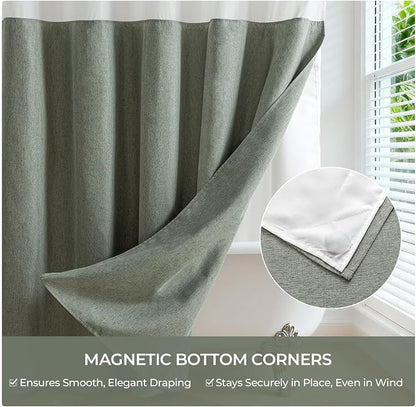 River Dream Linen Textured No Hooks Shower Curtain with Liner,Green,71x74 | Mesh Top Window,with Snap-in Liner,Heavy Duty Fabric,Quick Dry,Bottom Magnets,Water-Repellent,Washable,Farmhouse Bathroom Set