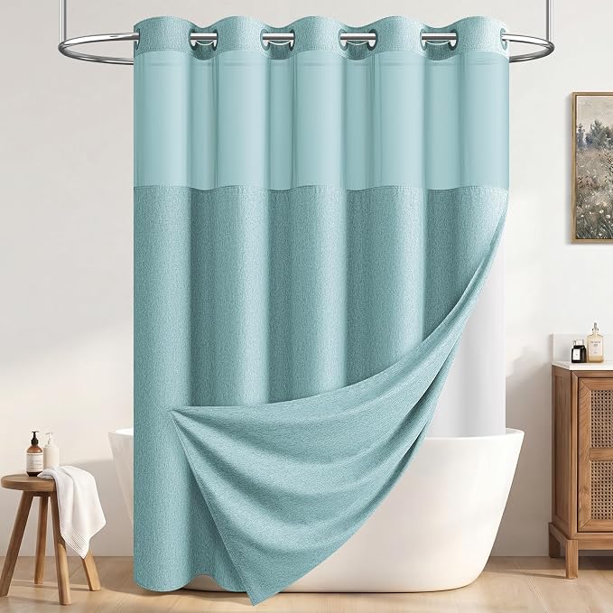 Teal Ringless Linen Textured Shower Curtain with Snap in Liner, 72x75 | 3 in 1 Hotel Shower Curtain Set, Removable Liner, Waterproof & Washable, Mesh Top Window, Durable Fabric, Easy to Install