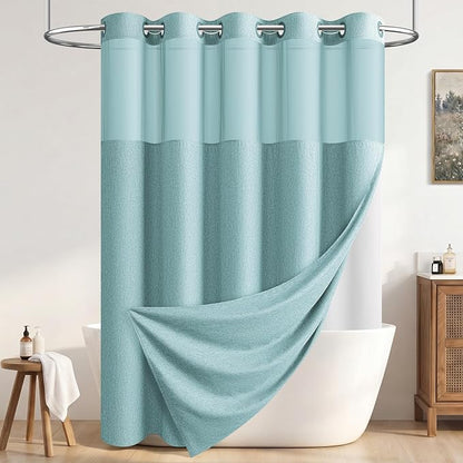 Teal Ringless Linen Textured Shower Curtain with Snap in Liner, 72x75 | 3 in 1 Hotel Shower Curtain Set, Removable Liner, Waterproof & Washable, Mesh Top Window, Durable Fabric, Easy to Install