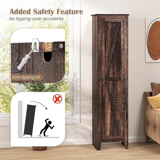 GIANTEX 72-Inches Narrow Storage Cabinet, Tall Bathroom Floor Cabinet with 4 Shelves, Barn Door, Anti-tilt Device, Raised Feet, Slim Storage Unit for Small Spaces, Living Room, Home Office, Kitchen