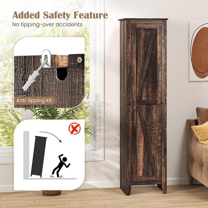 GIANTEX 72-Inches Narrow Storage Cabinet, Tall Bathroom Floor Cabinet with 4 Shelves, Barn Door, Anti-tilt Device, Raised Feet, Slim Storage Unit for Small Spaces, Living Room, Home Office, Kitchen
