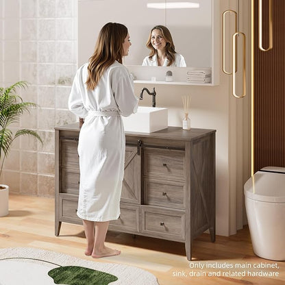 VNN Bathroom Vanity with Sink - 48 Inch Bathroom Vanity with Sink Ceramic, Freestanding Cabinet with Farmhouse Sliding Barn Door and 7 Drawers, Space-Saving Storage Cabinet, Wood Grain Texture, Grey