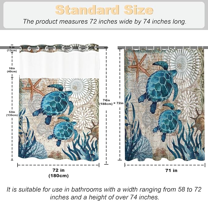 Green and Teal Sea Turtles Theme No Hook Waffle Weave Shower Curtain with Snap in Liner Nautical Beach Bathroom Blue Ocean Decor Set 72 W x 74 H Inch Teal
