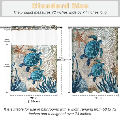 Green and Teal Sea Turtles Theme No Hook Waffle Weave Shower Curtain with Snap in Liner Nautical Beach Bathroom Blue Ocean Decor Set 72 W x 74 H Inch Teal