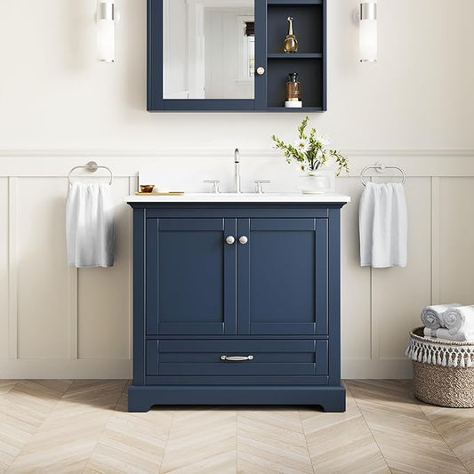 WELLFOR 36" Bathroom Vanity with Sink, Bathroom Freestanding Vanity W/ 2 Soft-Close Doors and 1 Soft-Close Drawers, Bathroom Cabinet Vanity with Cultured Marble Countertop (Navy Blue)
