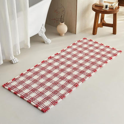 TYUU Long Christmas Bath Mat, Cute Waffle Runner Rug, 60x24 Red & White | Super Absorbent Quick Dry Bath Rug, Non-Slip Backing, Soft Waffle Washable Farmhouse Bathroom Mats, Tub, Shower & Home Decor