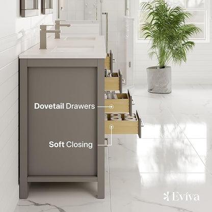 Eviva London 60 in. Gray Double Sink Bath Vanity with Carrara Quartz Top and Undermount Porcelain Sinks