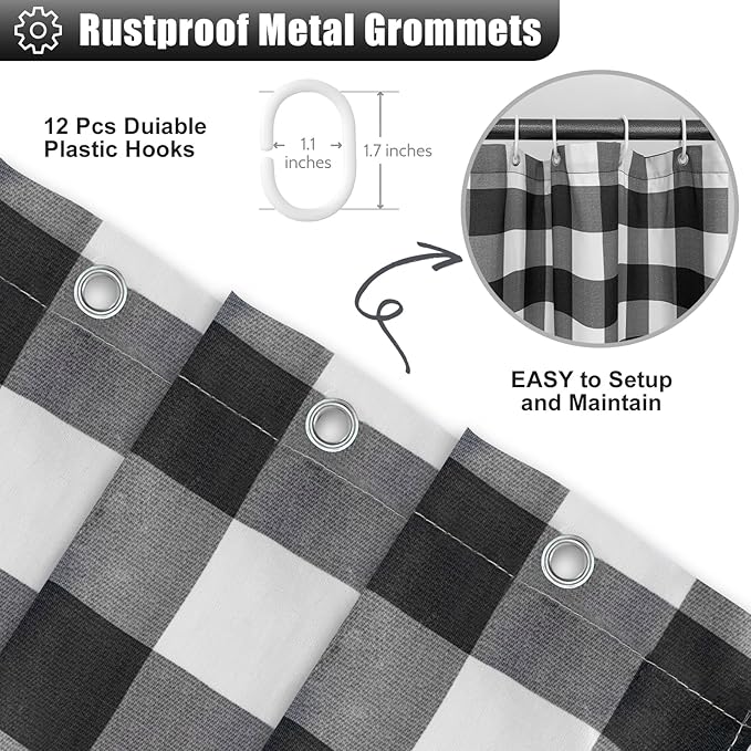 Seasonwood Grey Farmhouse Shower Curtain Extra Long 84 Inch Gray and White Buffalo Plaid Pattern Fabric 72"x84" Shower Curtains with Buttons & White Ruffles for Bathroom Long Shower Curtain 84 Length