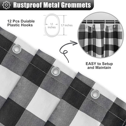 Seasonwood Grey Farmhouse Shower Curtain Extra Long 84 Inch Gray and White Buffalo Plaid Pattern Fabric 72"x84" Shower Curtains with Buttons & White Ruffles for Bathroom Long Shower Curtain 84 Length