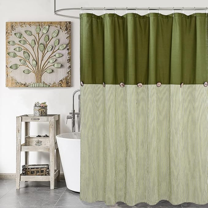 DOSLY IDÉES Farmhouse Shower Curtain, Green and Green Stripe, Button Curtain, Cotton Blend Fabric, Rustic Charm Country Chic Style, 72x72 in, Bathroom