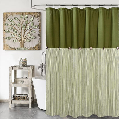 DOSLY IDÉES Farmhouse Shower Curtain, Green and Green Stripe, Button Curtain, Cotton Blend Fabric, Rustic Charm Country Chic Style, 72x72 in, Bathroom