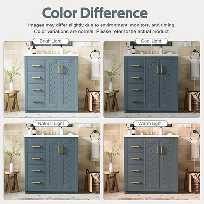 Merax Herringbone Single Sink Bathroom Vanity, Freestanding 30" Modern Bathroom Vanity Storage Cabinet with 3 Drawers and 2 Doors, Solid Wood Frame