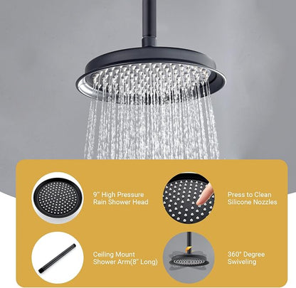 DASAN Rain Shower System Complete Antique Shower Faucet Sets, Shower Fixtures Combo with Pressure Balance Valve, Trim Kit, 9’’ Rainfall Overhead Shower & Handheld, Color Matte Black AT209C-BK
