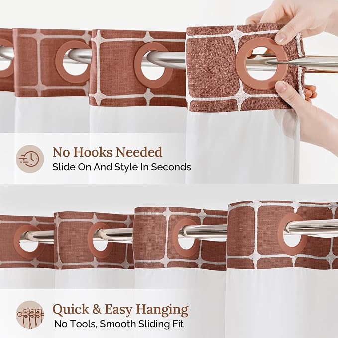 RiverDream Farmhouse No Hook Shower Curtain with Snap-in Liner,Orange,71x74 | Snap on Fabric Liner,Heavy Duty,Quick Dry,Mesh Top Window,With Bottom Magnets,Washable,with Tassels,Standard Size