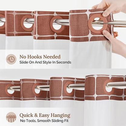 RiverDream Farmhouse No Hook Shower Curtain with Snap-in Liner,Orange,71x74 | Snap on Fabric Liner,Heavy Duty,Quick Dry,Mesh Top Window,With Bottom Magnets,Washable,with Tassels,Standard Size
