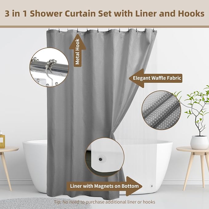 Siiluminisoy Shower Curtain and Liner Set, Waffle Shower Curtain Set with 12 Stainless Steel Hooks, Waterproof Luxury Fabric Shower Curtains for Bathroom and Hotel, Grey, 72" W x 72" H