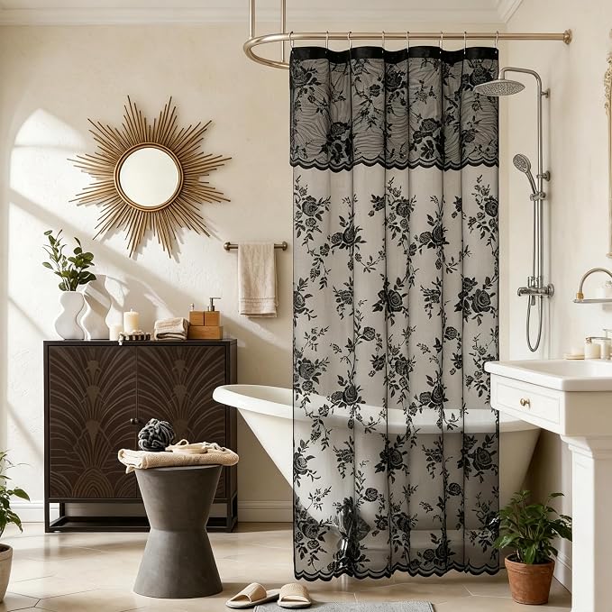 Black Lace Shower Curtain Luxury Vintage Floral Shower Curtain with Attached Valance Decorative Vintage Boho Bath Curtain for Master Bath Hotel Dark Gothic Halloween Victorian Decor, 1 Panel, 36 x 72
