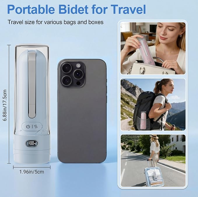 Electric Portable Bidet Toilet Aids Wiper Tool Set, Blue | 2-in-1 travel hygiene kit 15.7" extended length wiping tools 1600mAh Long-lasting Battery USB-C Rechargable IPX7 Waterproof