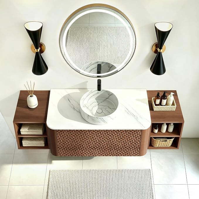 60 Inch Modern Bathroom Vanity with Ceramic Sink, Floating Bathroom Sink Cabinet with Sintered Stone Top&Solid Wood Hammered Frame, Single Bathroom Vanities w/Soft-Close Drawer&2 Side Open Cube